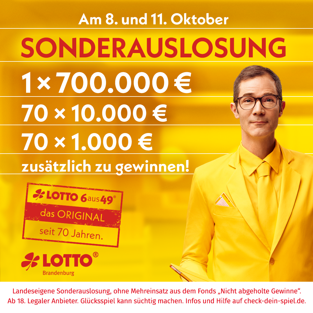 Sonderauslosung LOTTO 6aus49 am 8. und 11. Oktober – zusätzlich 700.000 €, 10.000 € und 1.000 € zu gewinnen – LOTTO Brandenburg