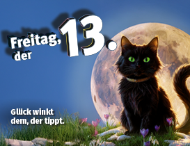 Illustration einer schwarzen Katze vor Vollmond. Schriftzug: Freitag, der 13. – Glück winkt dem, der tippt.