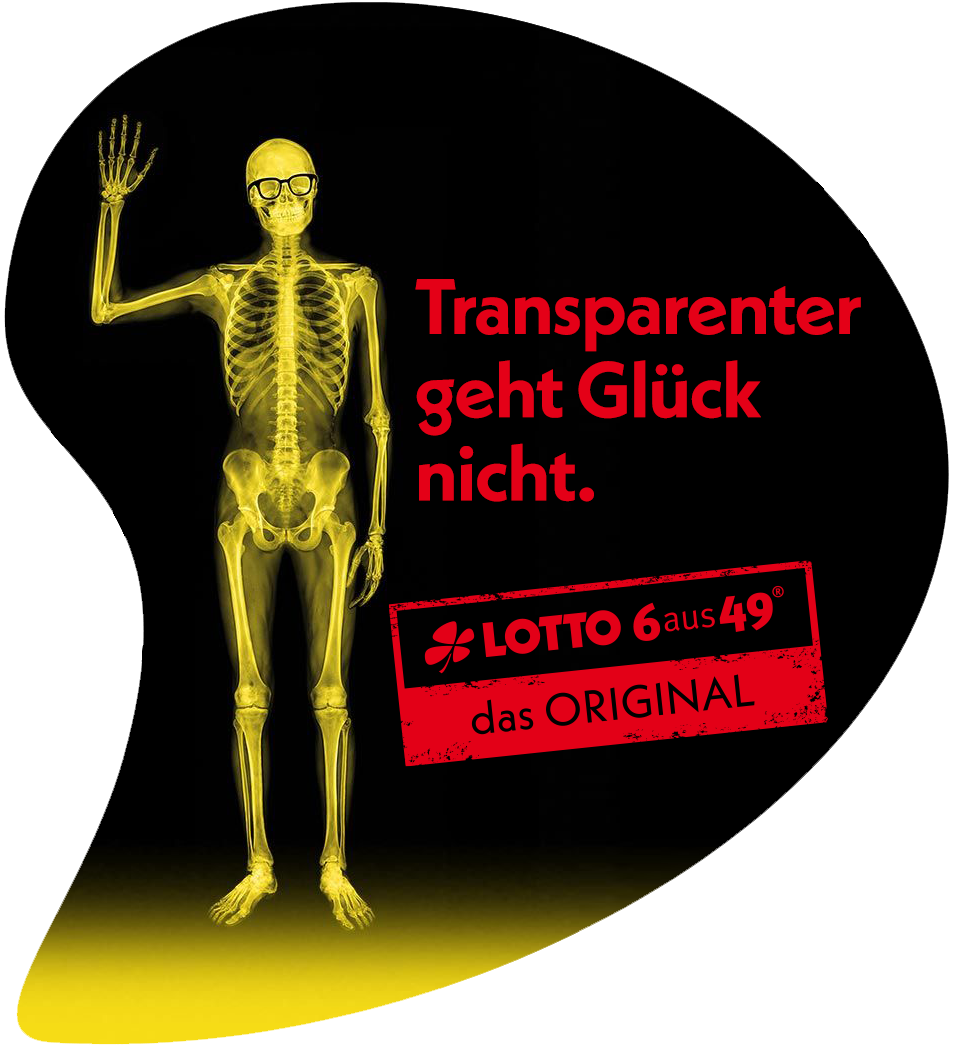 Dunkler Hintergrund mit gelber Lichtfläche. Eine stilisierte, röntgenartige Figur steht frontal und hebt eine Hand. Rechts daneben steht in roter Schrift „Transparenter geht Glück nicht.“ Unten ist das LOTTO 6aus49-Logo mit Zusatz „das ORIGINAL“.