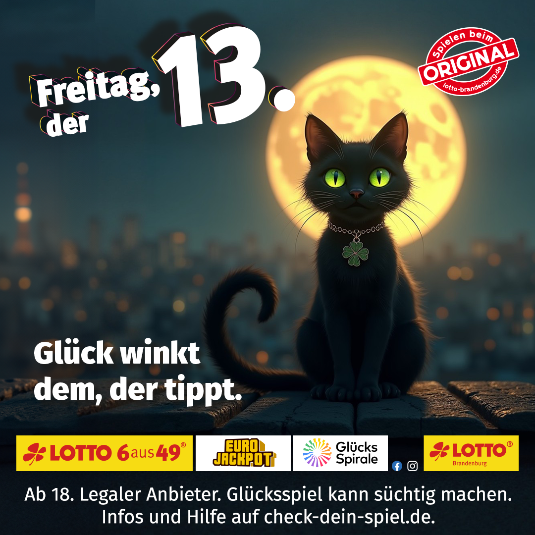 Illustration einer schwarzen Katze vor Vollmond. Schriftzug: Freitag, der 13. – Glück winkt dem, der tippt.