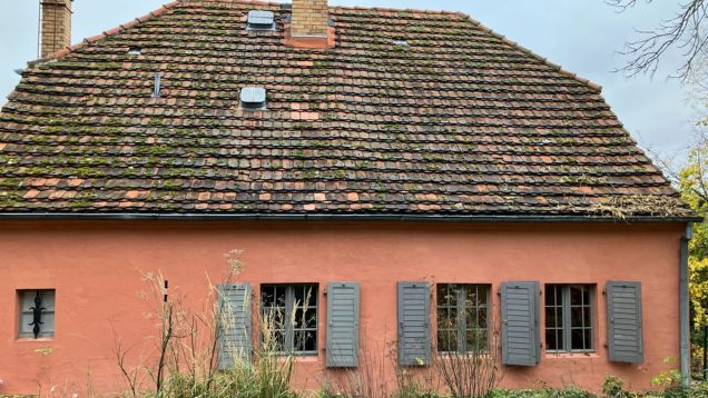 Foto des alten Fischerhauses in Werder mit rosafarbener Fassade , Fensterläden und bemoostem Dach