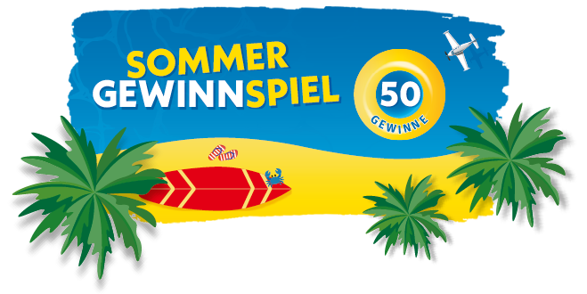 Eine comicartige Abbildung von Meer und Strand mit Palmen und Schriftzug 'SOMMER GEWINNSPIEL' und der Zahl 50 in einem Schwimmreifen für die Anzahl der Gewinne