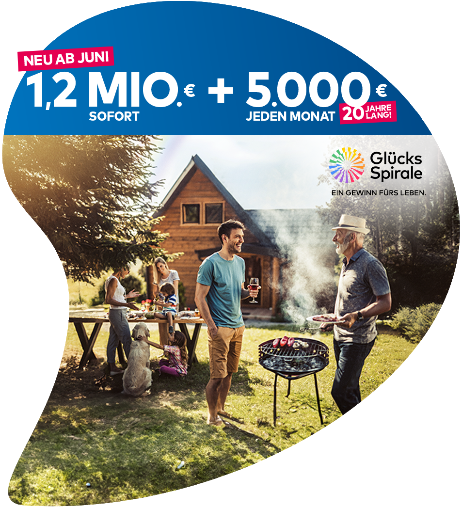 Ein Gewinn für´s Leben GlücksSpirale: 1,2 Mio. € sofort + 5.000 € monatlich. Menschen beim Grillen.